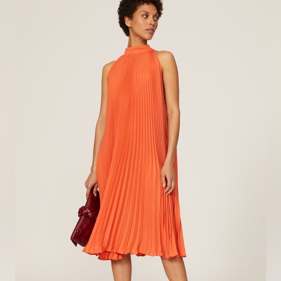 Tome Collective Orange Accordion Pleated Swing Midi Dress Size Small Fall